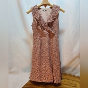 Blush Pink Lacey Sleeveless Mini Dress With Ruffle Neckline By MONTEAU